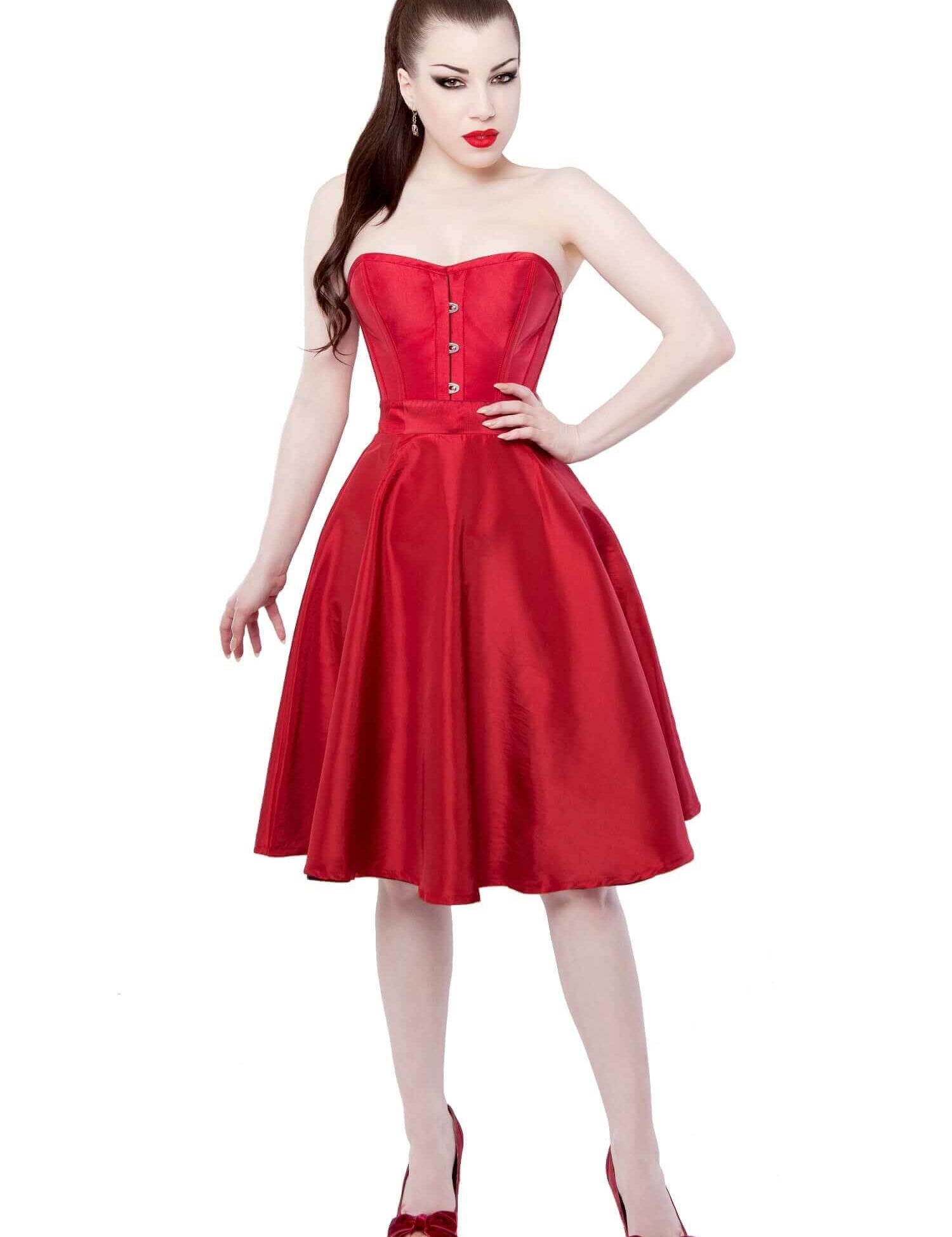 Red Tafetta Corset Dress With Long Corset