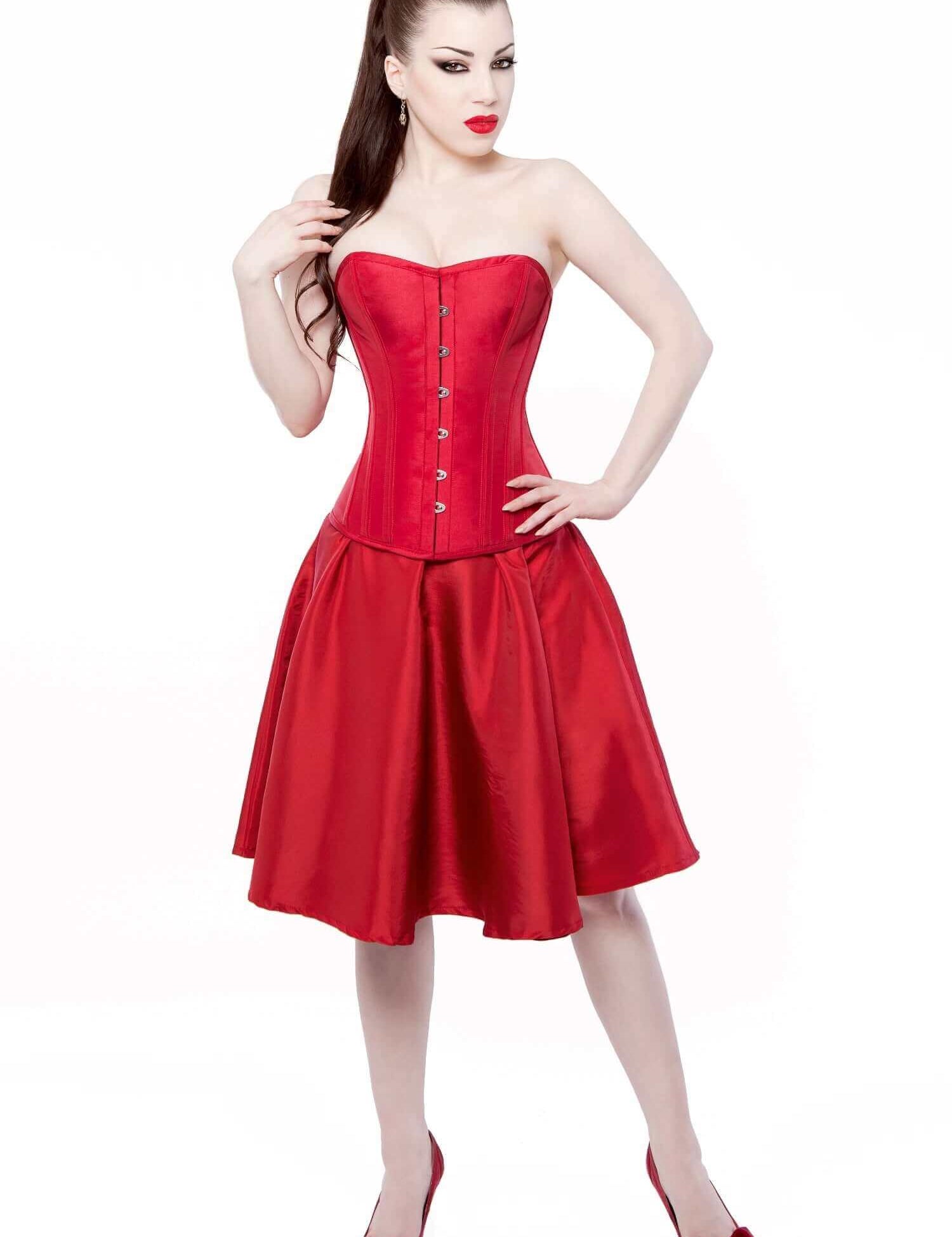 Red Tafetta Corset Dress With Long Corset