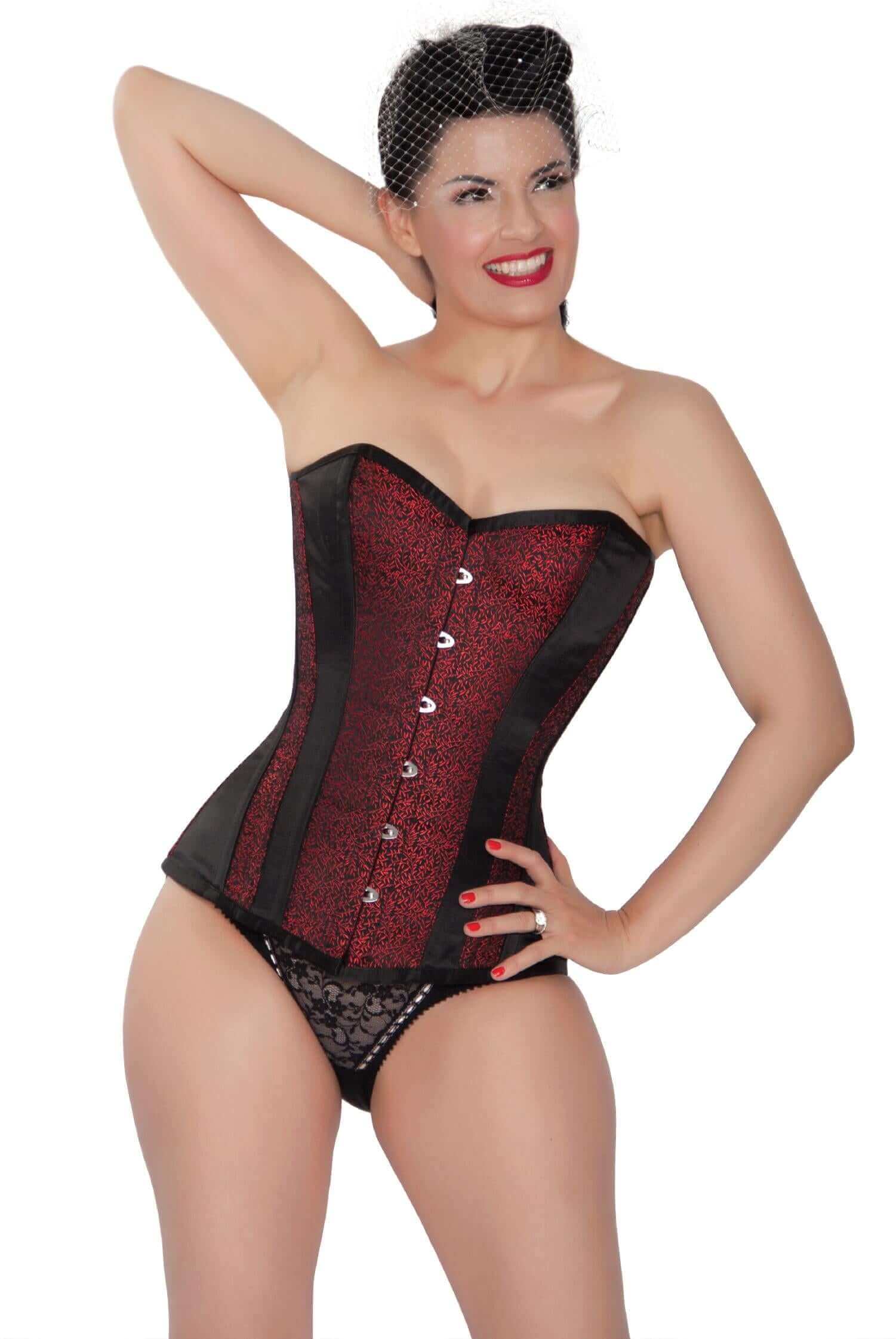 Playgirl Black Long Steel Boned Corset With Red Leaf Brocade Detail