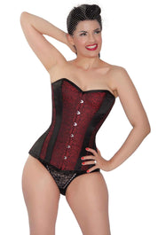 Playgirl Black Long Steel Boned Corset With Red Leaf Brocade Detail