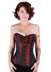 Playgirl Black Long Steel Boned Corset With Red Leaf Brocade Detail