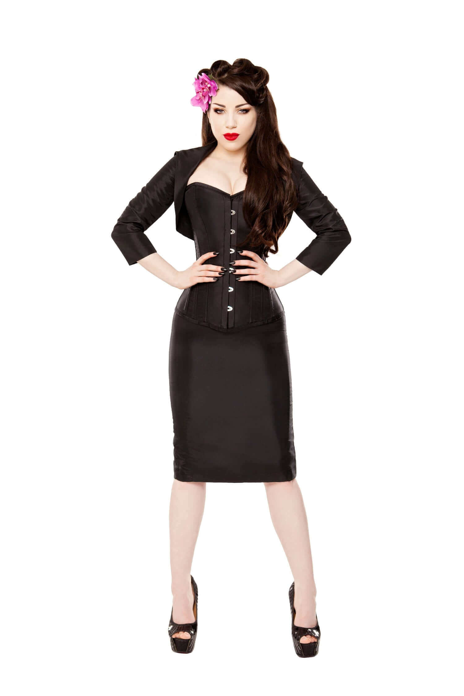 Long Black Tafetta Corset, Pencil Skirt, Bolero & Halters