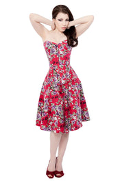 Red Floral Corset Dress With Long Corset