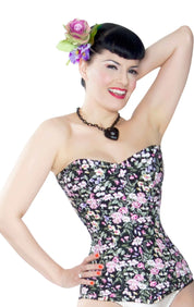 Playgirl Long Overbust Black Floral Steel Boned Corset