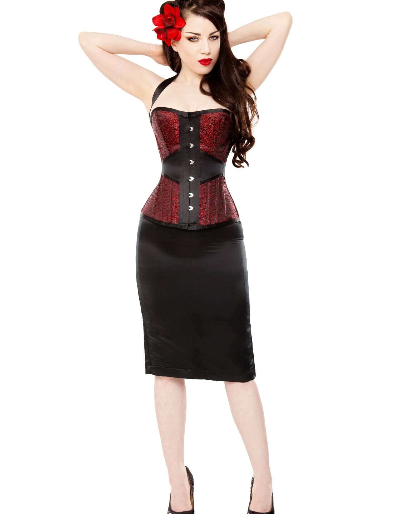 Red Leaf Brocade Corset & Black Satin Pencil Skirt