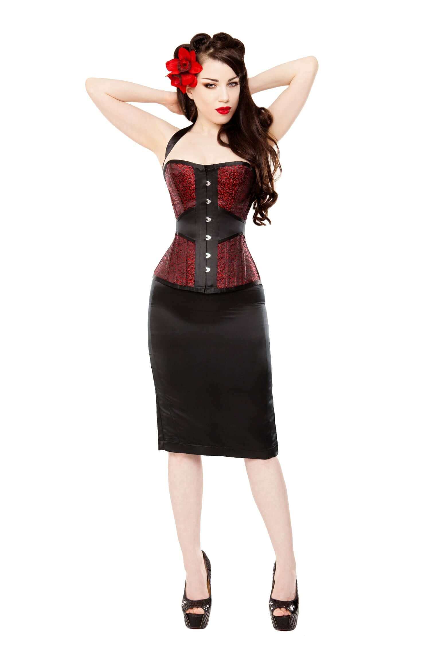 Playgirl Layla Red Leaf Brocade & Black Satin Corset