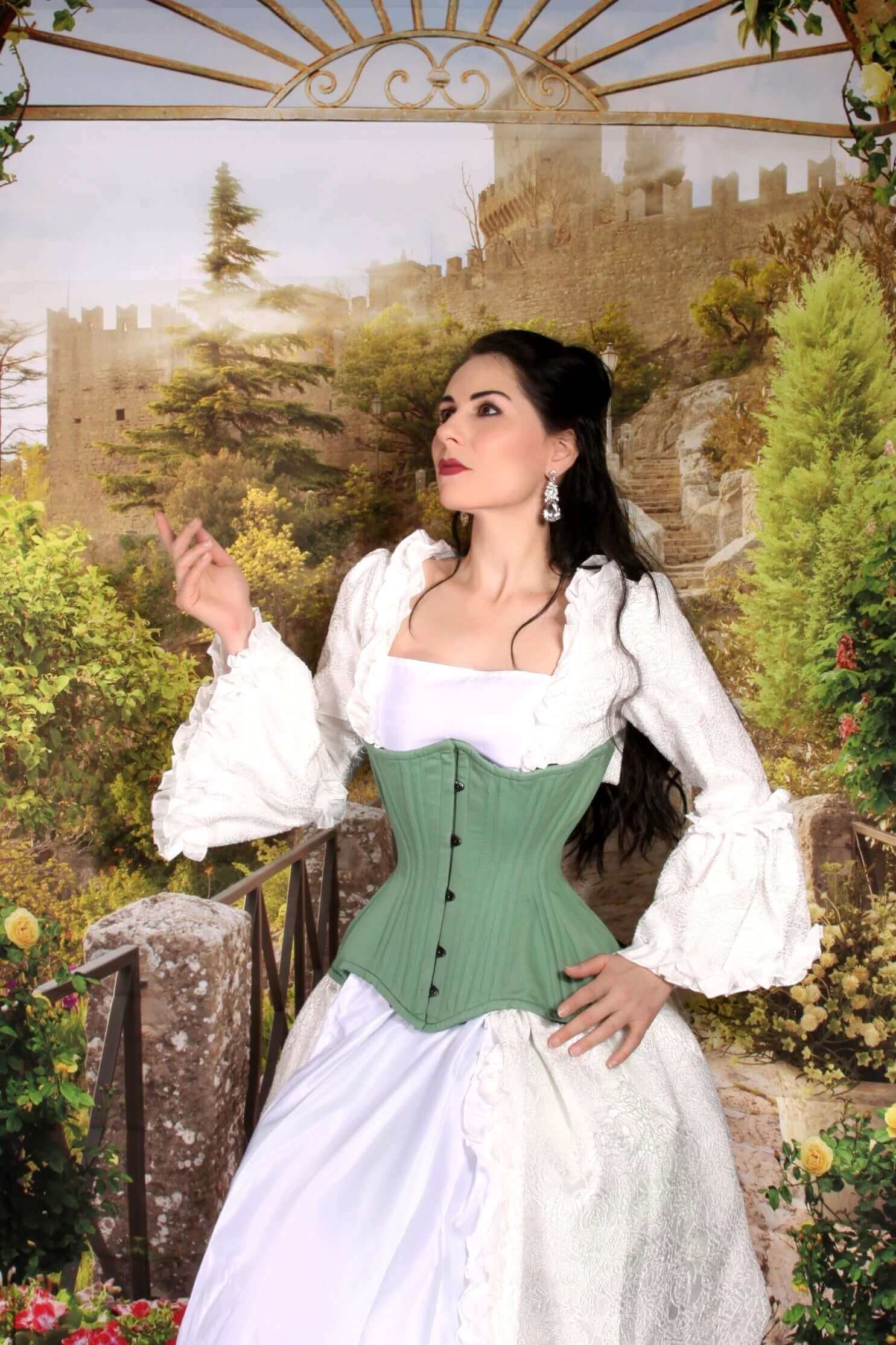 Bridgerton Period Costume With Curvella Long Mint Cotton Waist Training Corset