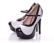 Playgirl Patent Rounded Toe Platform Pump In Black With White Contrast