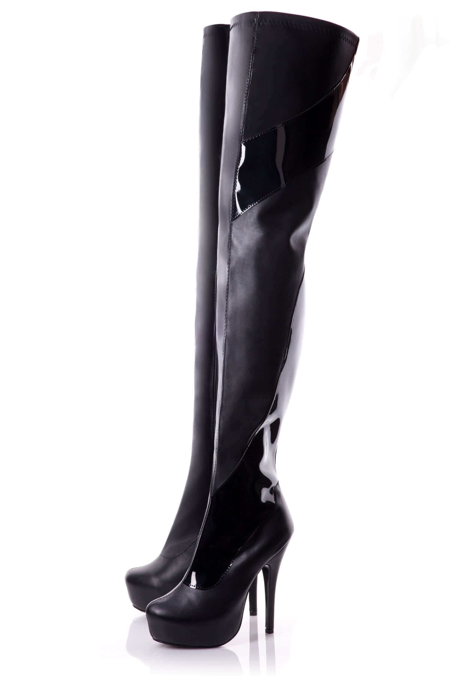 Playgirl Thigh High Black Matt Boots With Patent Detail