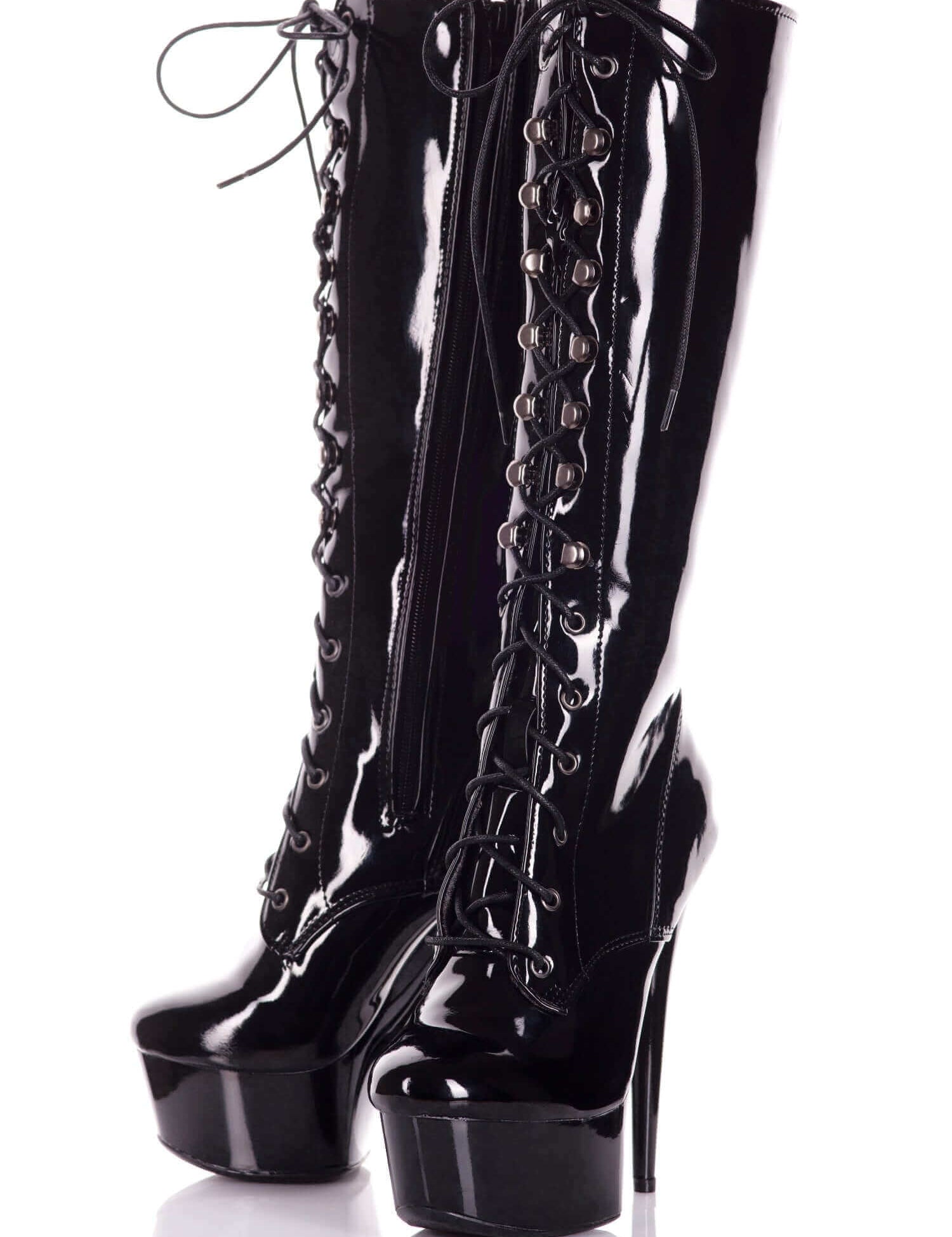 Playgirl Knee High Black Patent Lace Up Boots