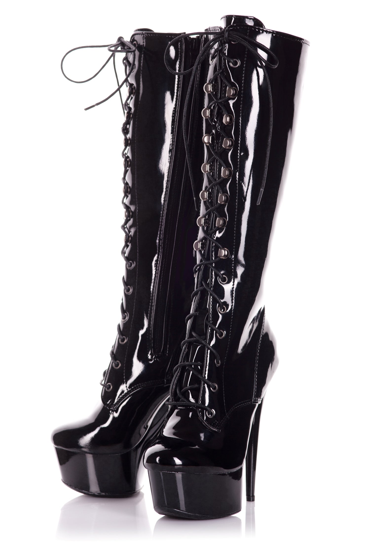 Playgirl Knee High Black Patent Lace Up Boots