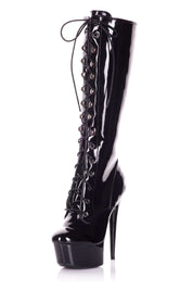 Playgirl Knee High Black Patent Lace Up Boots